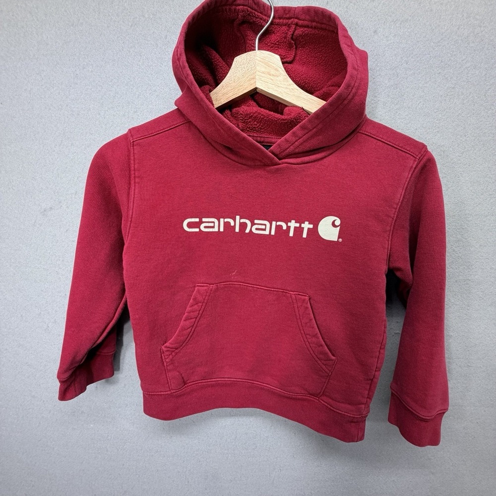 Carhartt Girls Size 5 Red Cropped Hoodie Spell Out Logo Fleece Pullover